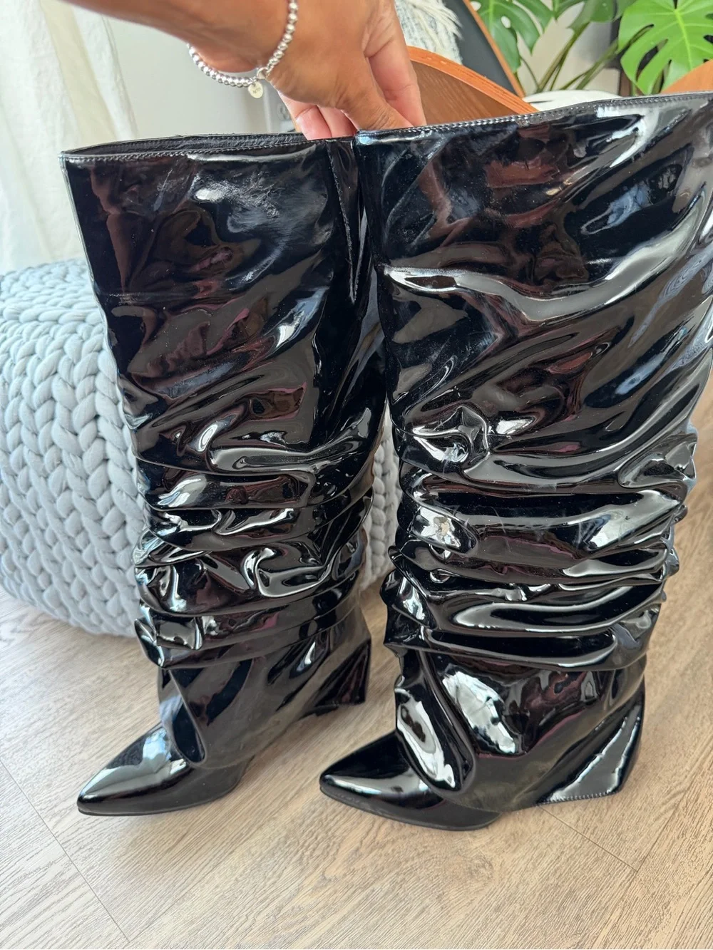 Women's Black Patent Slouch Knee-High Boots